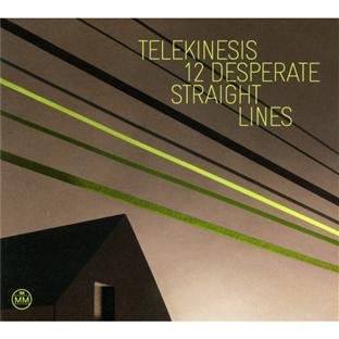 Dark brown album cover with green diagonal lines and yellow text "telekinesis 12 desperate straight lines".