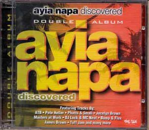 "CD case cover for 'Ayia Napa Discovered' compilation album, featuring bold yellow text on red background."