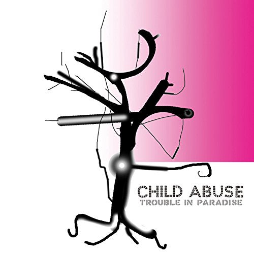 Album cover with a black tree and gun against a white and pink background.