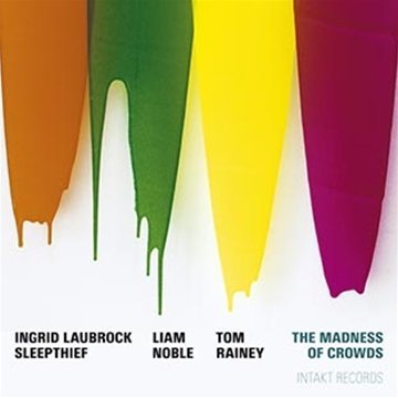 "Album cover with colorful paint drips and artist names on a white background."