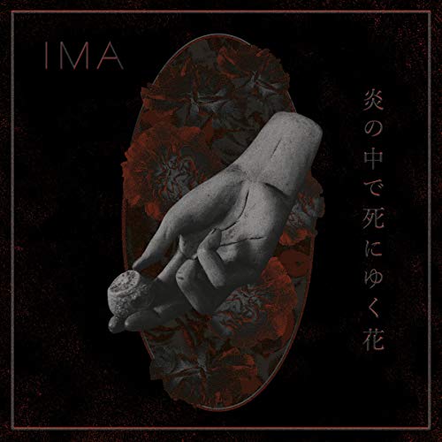 A vinyl album cover featuring a stone hand holding a seed against red flowers on black.