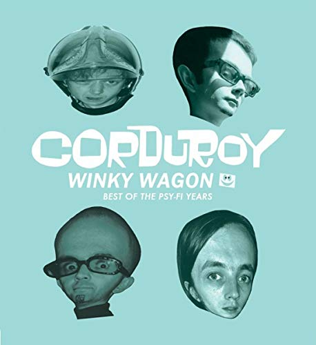 "Album cover with 'Corduroy' and 'Winky Wagon' text, four monochrome faces on teal background."
