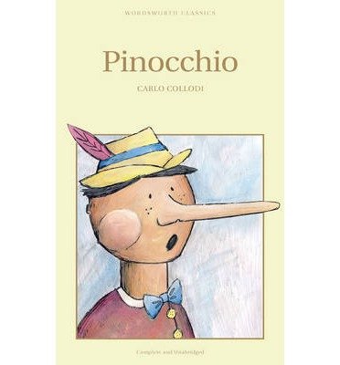 "Book cover featuring cartoon Pinocchio with a long nose, wearing a hat and red shirt."