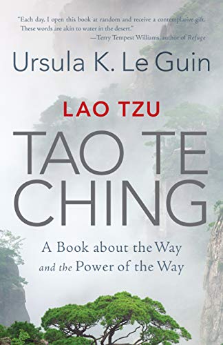 The image depicts the cover of a book titled "Tao Te Ching" by Lao Tzu, with a subtitle that reads "A Book about the Way and the Power of the Way." **Alt Text:** Book cover with misty mountains, trees, and large title text "Tao Te Ching".