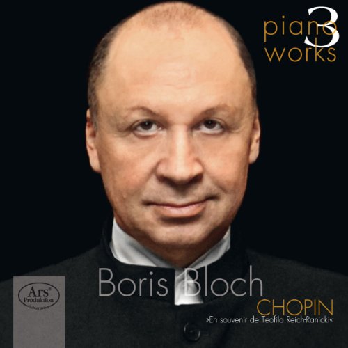 Boris Bloch's portrait on a black background with text overlay, a CD cover for Chopin's piano works.