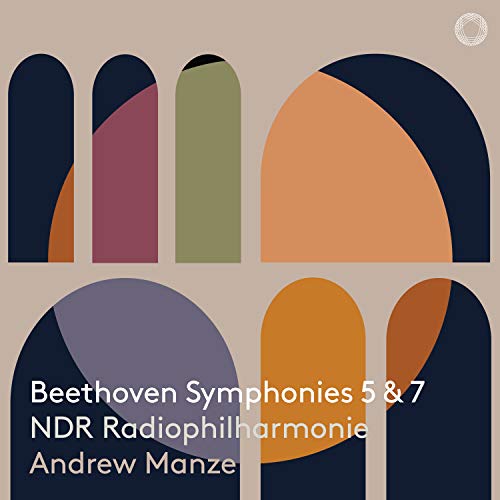 "Album cover with abstract shapes and text: Beethoven Symphonies 5 & 7."