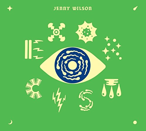 "Album cover featuring a stylized eye surrounded by abstract symbols on a green background."