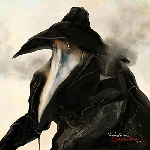 The image depicts a person wearing a black hat and a long, beaked mask.