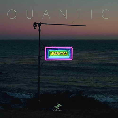 Album cover with neon 'MAGNETICA' sign on a pole over dark ocean at dusk.