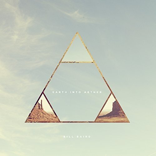 "Album cover with a triangle containing desert landscapes against a cloudy sky."