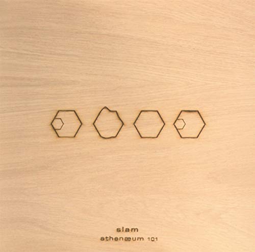 "CD cover with four hexagons on a light wood grain background, text at the bottom."