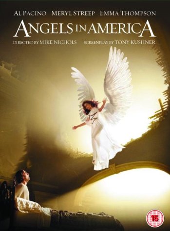 DVD cover for "Angels in America" featuring a man in bed and a winged figure.