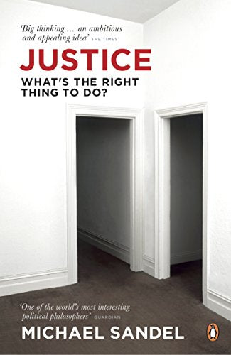 "Book cover with white walls, two open doorways, and title 'Justice' in red."
