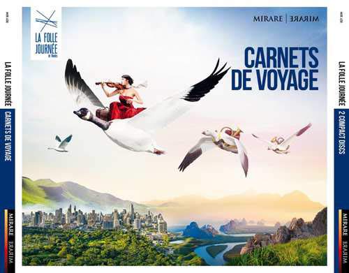 "CD cover art: woman in red dress playing violin on a flying goose."