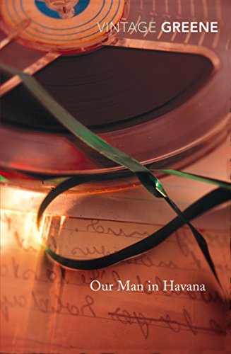 "Book cover with black and white image of vintage car and building, titled 'Our Man in Havana'."