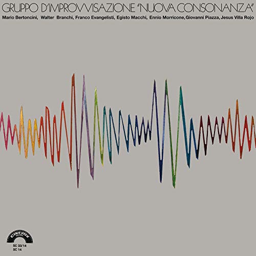 "Grey vinyl record cover with multicolored sound waves and artist names at the top."