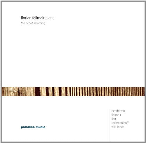A white CD cover with a piano key design and text listing composers' names.
