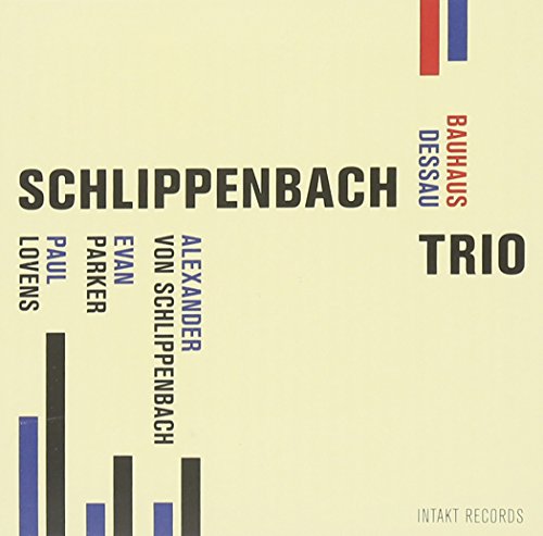 "Album cover with pale yellow background, black text, and red and blue bars."
