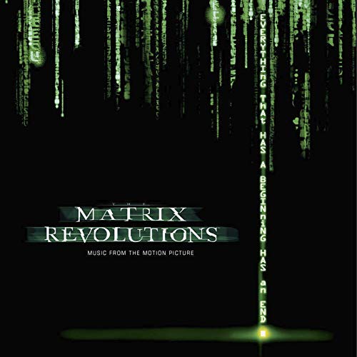 "Black vinyl album cover with green code and 'Matrix Revolutions' title."