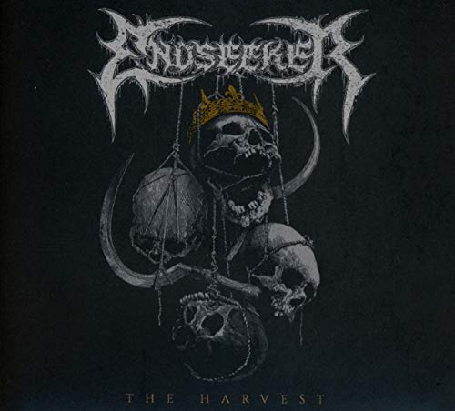 "Album cover with marionette skulls and 'Endseeker' and 'The Harvest' text on black background."