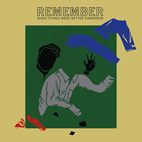 "Album cover art with abstract illustration of a falling person on green background."