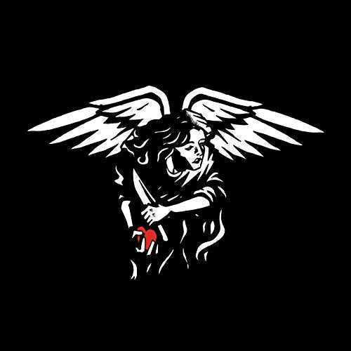 An angel with wings holding a knife and heart against a black background.