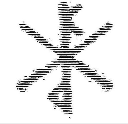 A black abstract symbol on a gradient grey background.