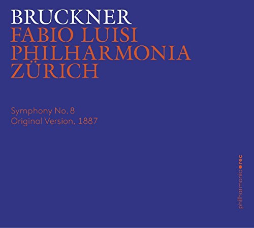 Blue CD cover with orange and white text, featuring Bruckner's Symphony No. 8 details.