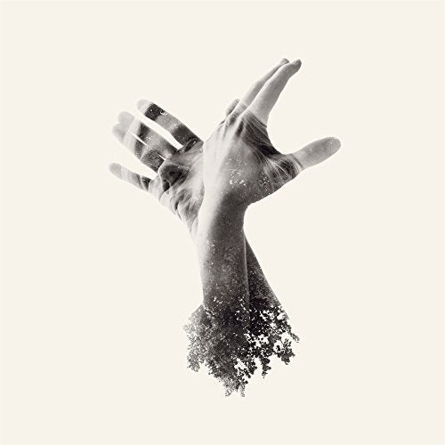 The image depicts a black-and-white album cover featuring a hand disintegrating into fragments.
