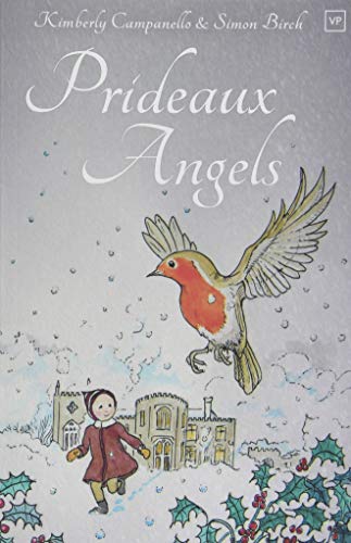 "Prideaux Angels" book cover featuring a girl and a bird near a snowy mansion.