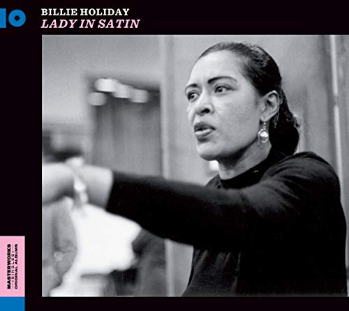 "CD cover with black and white photo of Billie Holiday singing."