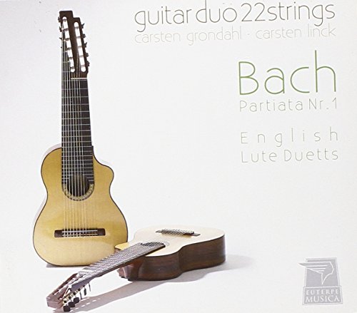 "CD cover featuring two acoustic guitars and text about Bach's lute duets."