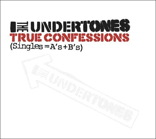 The image depicts a CD cover for "True Confessions" by The Undertones. Key Features: * Title: "True Confessions" * Artist: The Undertones * Color scheme: Black and red text on a white background * Additional design elements: A large gray "a" with an orange arrow, likely indicating Amazon branding Alt Text: "CD cover with 'The Undertones True Confessions' in black and red text."
