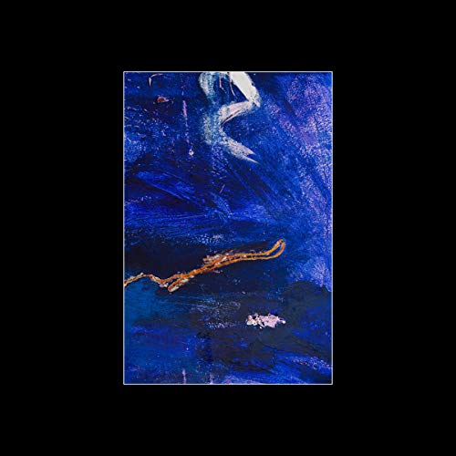 The image depicts a blue abstract painting with a black background. Alt text: Blue abstract painting with white and orange accents on a black background.