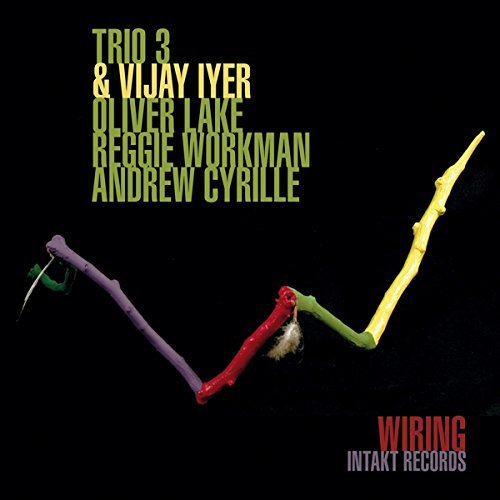 "CD cover with black background, colorful wire-like design, and artist names in green text."
