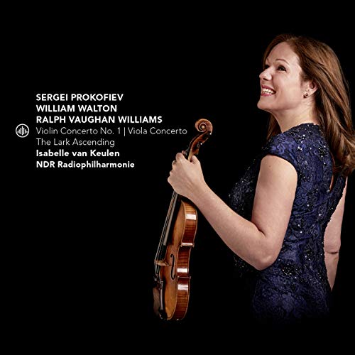A woman in a blue dress holds a violin against a black background.