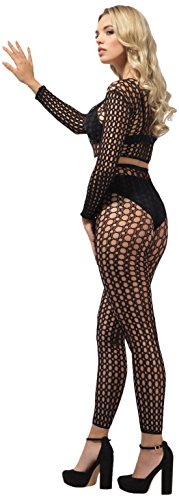 A blonde woman wearing a black fishnet outfit and high heels stands against a white background.