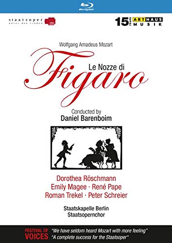The image is a Blu-ray cover for "Le Nozze di Figaro". The alt text is: "Blu-ray cover with red title and black silhouettes of dancing figures."