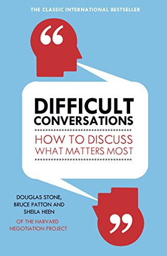 "Book cover with speech bubbles and title 'Difficult Conversations' on a blue background."