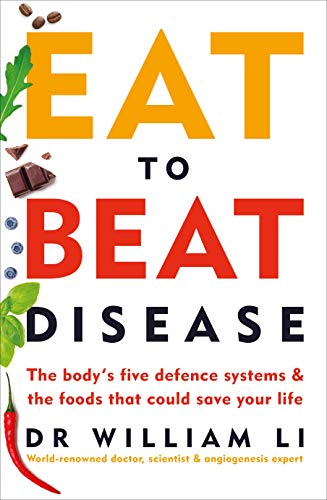 "Book cover with 'Eat to Beat Disease' title, surrounded by food images and author's name."