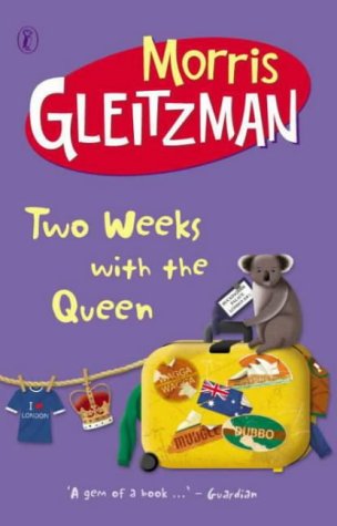 "Book cover of 'Two Weeks with the Queen' featuring a cartoon boy and guard."