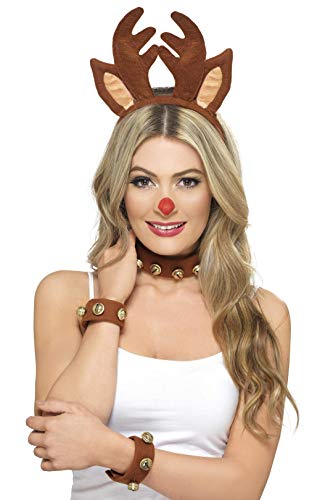 A blonde woman wearing a reindeer costume accessory set, including antlers, nose, and cuffs.