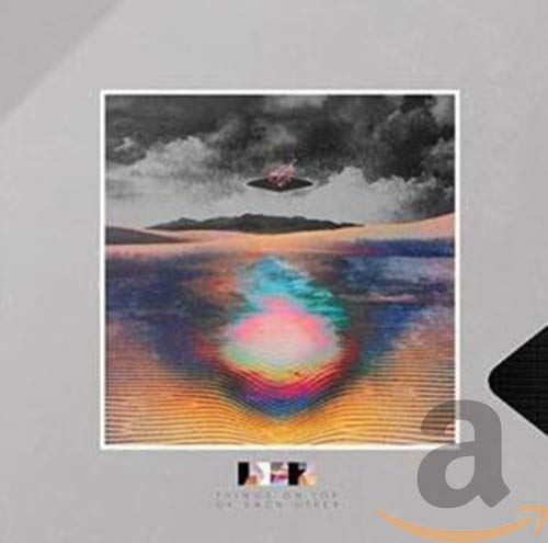 The alt text for this image is: "Album cover with abstract landscape and flying object."