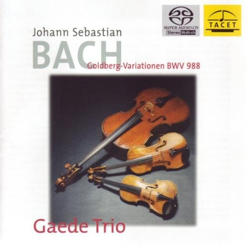 CD cover featuring three violins and bows, with text "Johann Sebastian Bach" and "Gaede Trio".