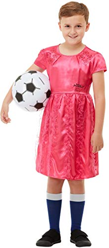 Young boy wearing a pink dress, blue socks, and holding a soccer ball.