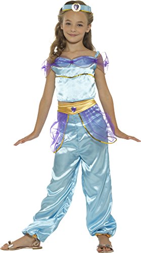 Young girl wearing a shiny blue and purple princess costume with a gold belt and headband.