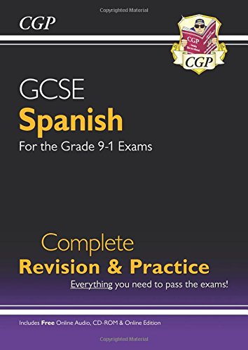 "GCSE Spanish revision guide cover with a CD-ROM on a black and purple background."