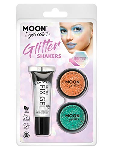 "Moon Glitter product packaging showing a tube of gel and two pots of iridescent glitter."