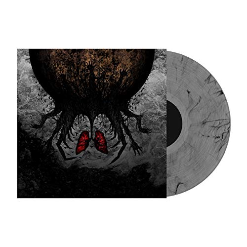 A vinyl record with a gray marbled design and a dark, eerie album cover.