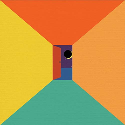 The image is an album cover with a colorful abstract design and an open door.